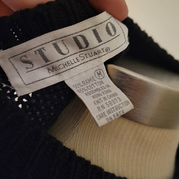 Vintage 90s Floral Knit Cardigan Sweater Michelle Stewart Black M Shoulder Pads - Picture 9 of 9